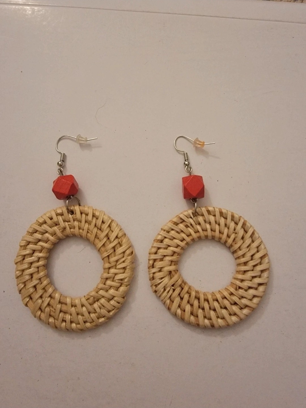 Natural Rattan Hoop Earrings with Red Bead Accent